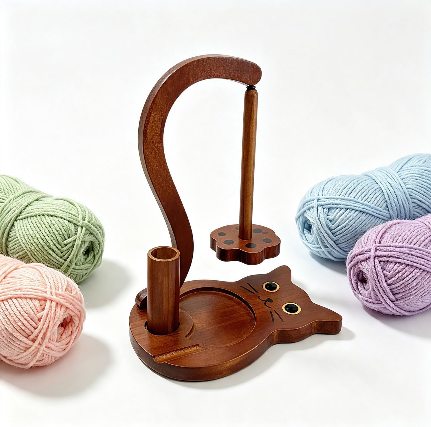 MouMouPurr Wooden Yarn Holder for Crocheting Knitting, Magnetic Rotating Yarn Spinner with Anti-Slip Pads, Yarn Ball Organizer with Pen Holder, Phone Stand, Craft Accessories Gifts for Knitting Lovers
