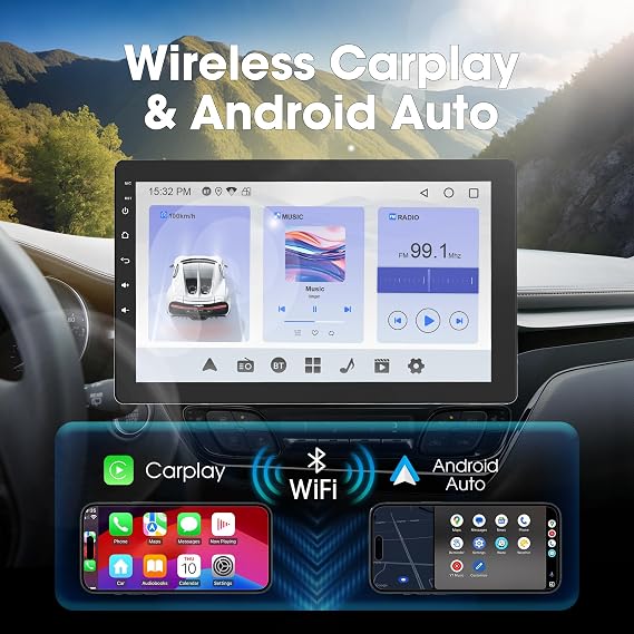 Haudio 360° Rotable Car Radio, 1 Din Bluetooth Stereo with Wireless Carplay & Android Auto, 10.1 Inch IPS Screen Car Play with 140° Rear Camera, GPS, Mirror Link, Voice Control RDS/FM/AM Radio 2+32G