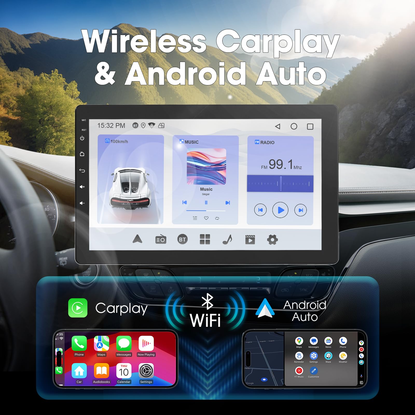 Autoradio 1 DIN Bluetooth con Wireless Carplay & Android Auto, 7 Pollici Touchscreen Radio con GPS/Mirror Link/Controllo Vocale/RDS/FM/AM Radio/USB/Telecamera Posteriore - Ruotabile 360°