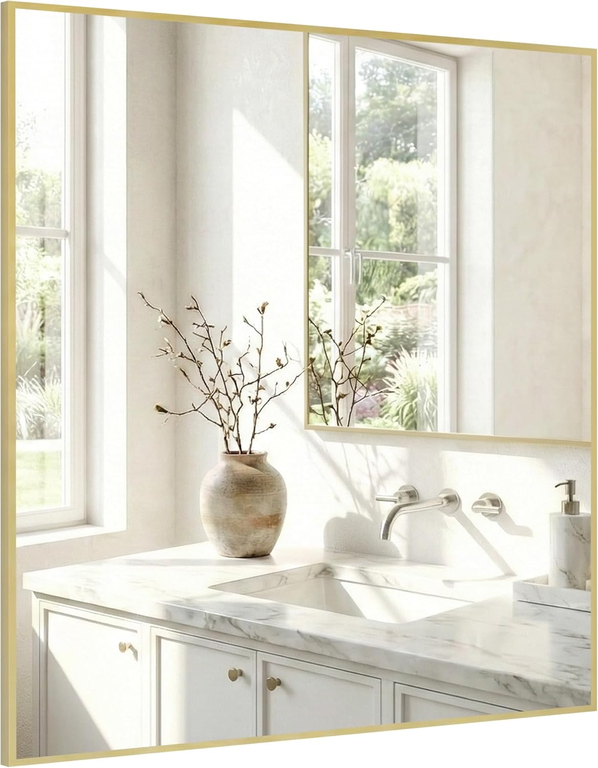 30"x30" Gold Square Mirror for Wall, Metal Framed Bathroom Vanity Mirror, Modern Geometric Mirror for Double Sink, Boho Entryway Decor, Flush Mount