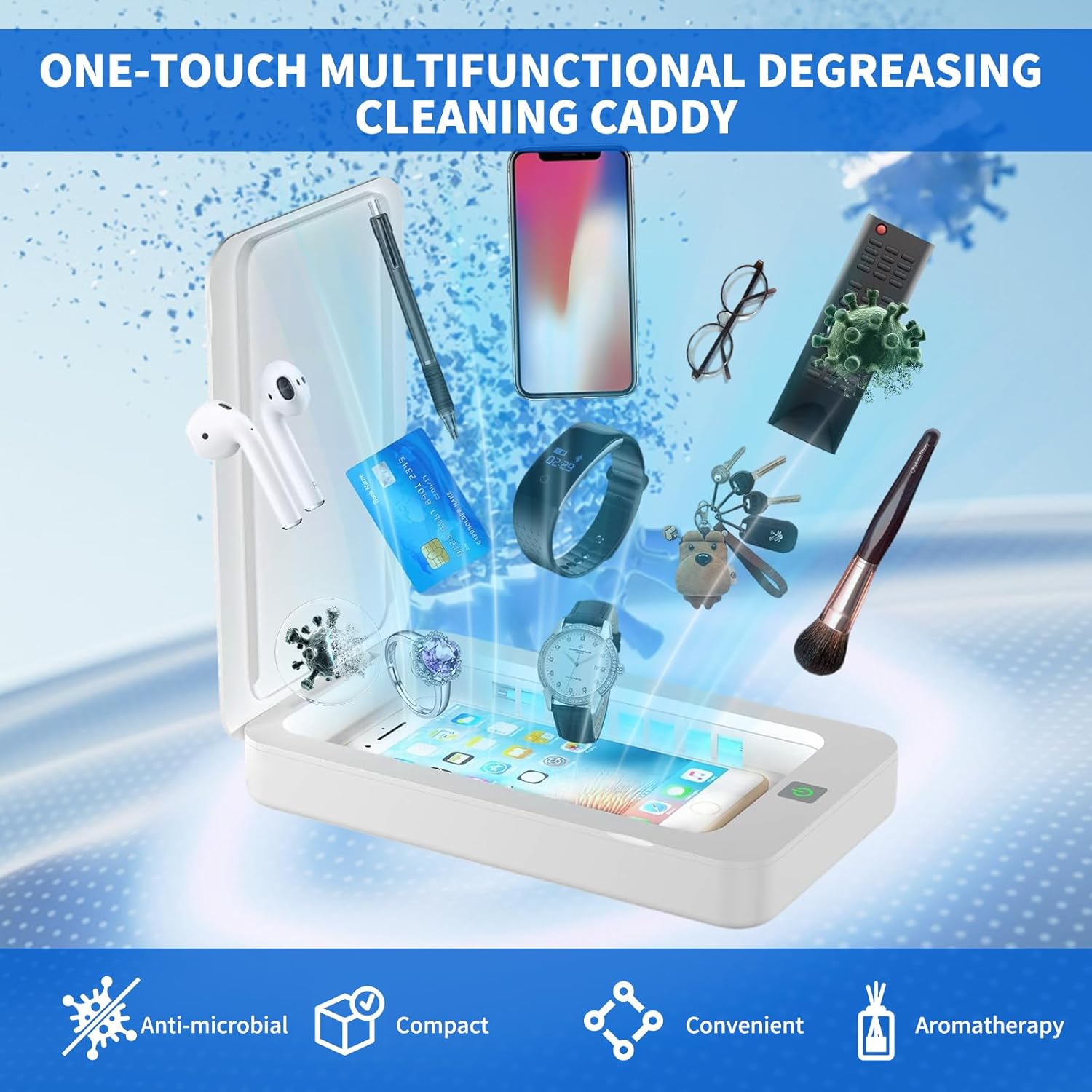 UV Light Clean Box, Portable UVC Phone Cleaner Box 360° Coverage, Aromatherapy, 8-Min Cycle, for Phone Glasses Jewelry Keys Toothbrushes Headphones Watches, Magnetic Safety Lid (White)