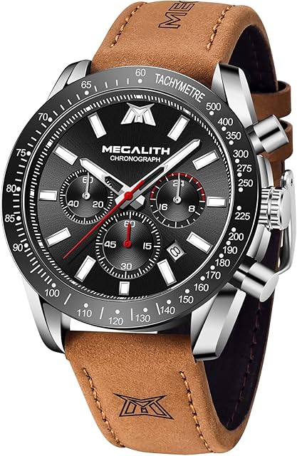 MEGALITH Mens Watches Men Chronograph Waterproof Wrist Watches Leather Band Sports Designer Analog Quartz Watches Men with Luminous Calendar Date Elegant Watches Gift for Men
