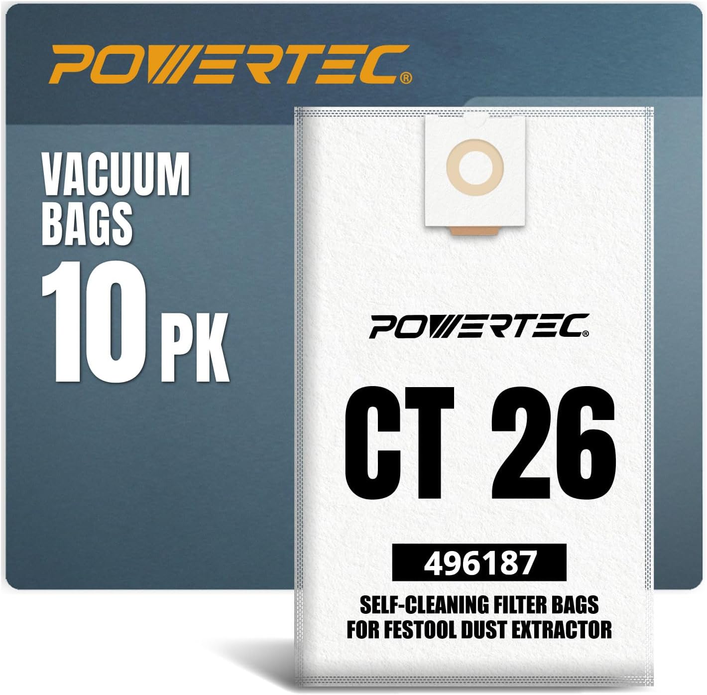POWERTEC 496187 Selfclean Filter Bags for Festool CT26 Dust Extractor, Vacuum Bags for Festool CT26, CT26 E, CTL26, CTM26, 10 Pack (75037-P2)