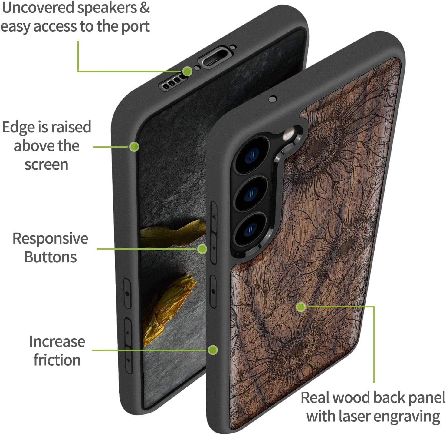 Carveit Wood Case for Galaxy S23 Case [Natural Wood & Black Soft TPU] Shockproof Protective Cover Unique Wooden Design Compatible with Samsung S23 (The Helianthus Sketch-Walnut)