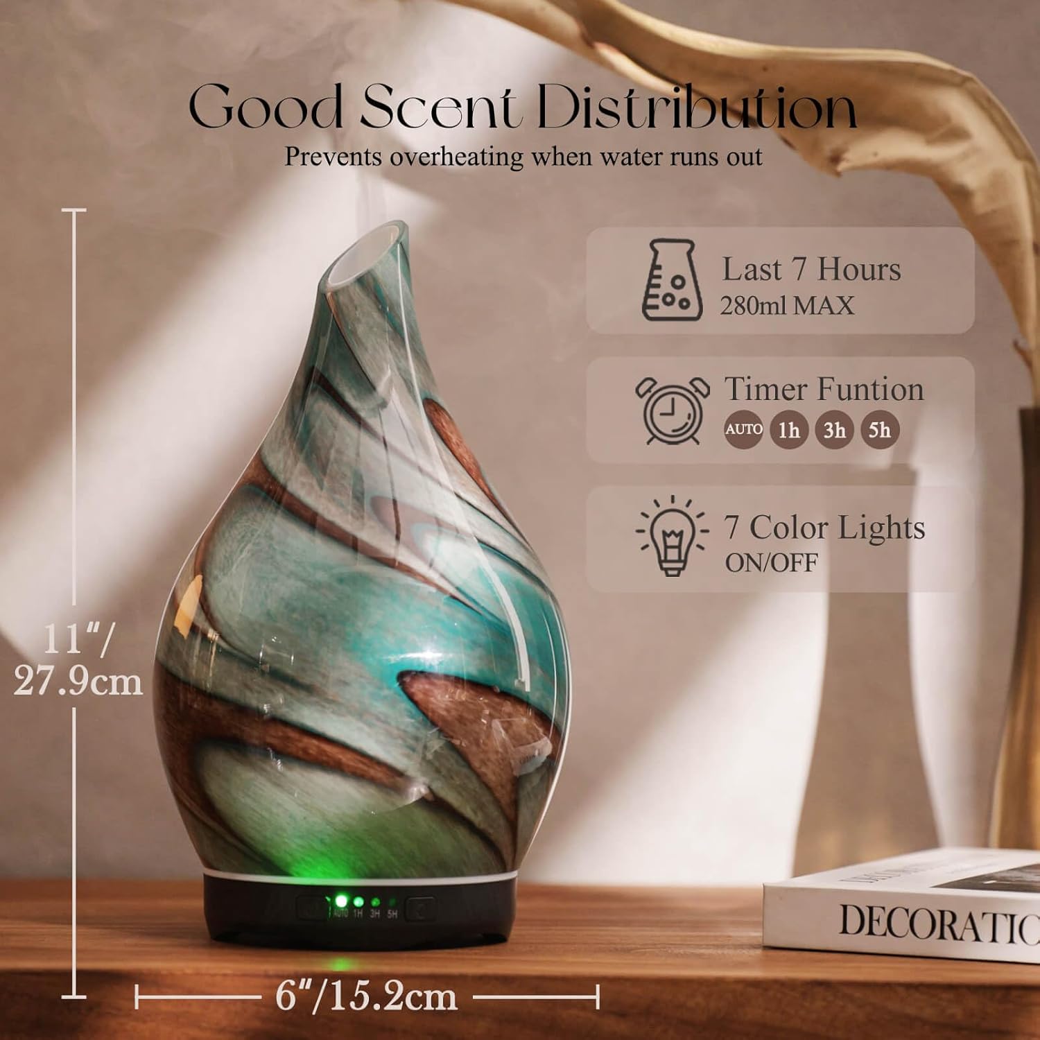 Porseme 280ml Essential Oil Diffuser Glass Color Changing Aroma Air Diffusers Aromatherapy Ultrasonic Cool Mist Humidifier 7 Running Hours Waterless Auto-Off for Sleeping, Yoga, Spa (Teal Green)