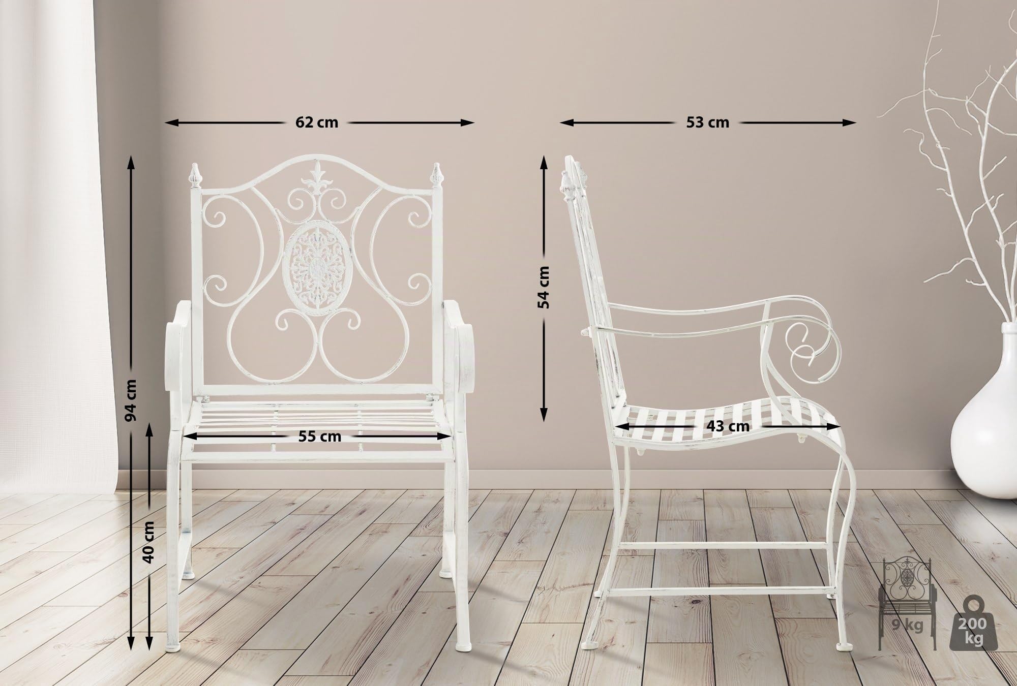 CLP Set di 2 sedie da Giardino Punjab in Stile Rustico I Sedia in Ferro Laccato I Sedia da Giardino Extra Robusta, Colore:Antico Bianco