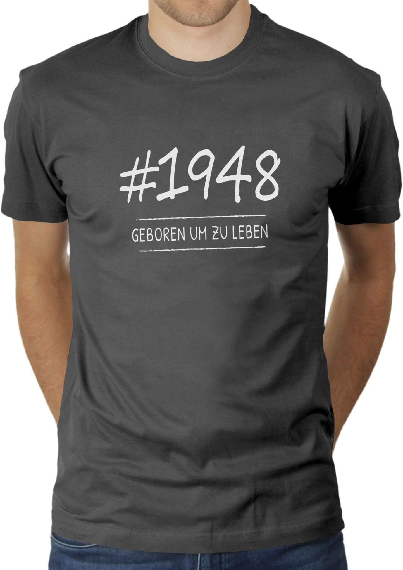 LikoliKaterLikoli Men's T-Shirt with German Text "Geboren 1948 um zu Leben" [Birthday Gift for in 1948]