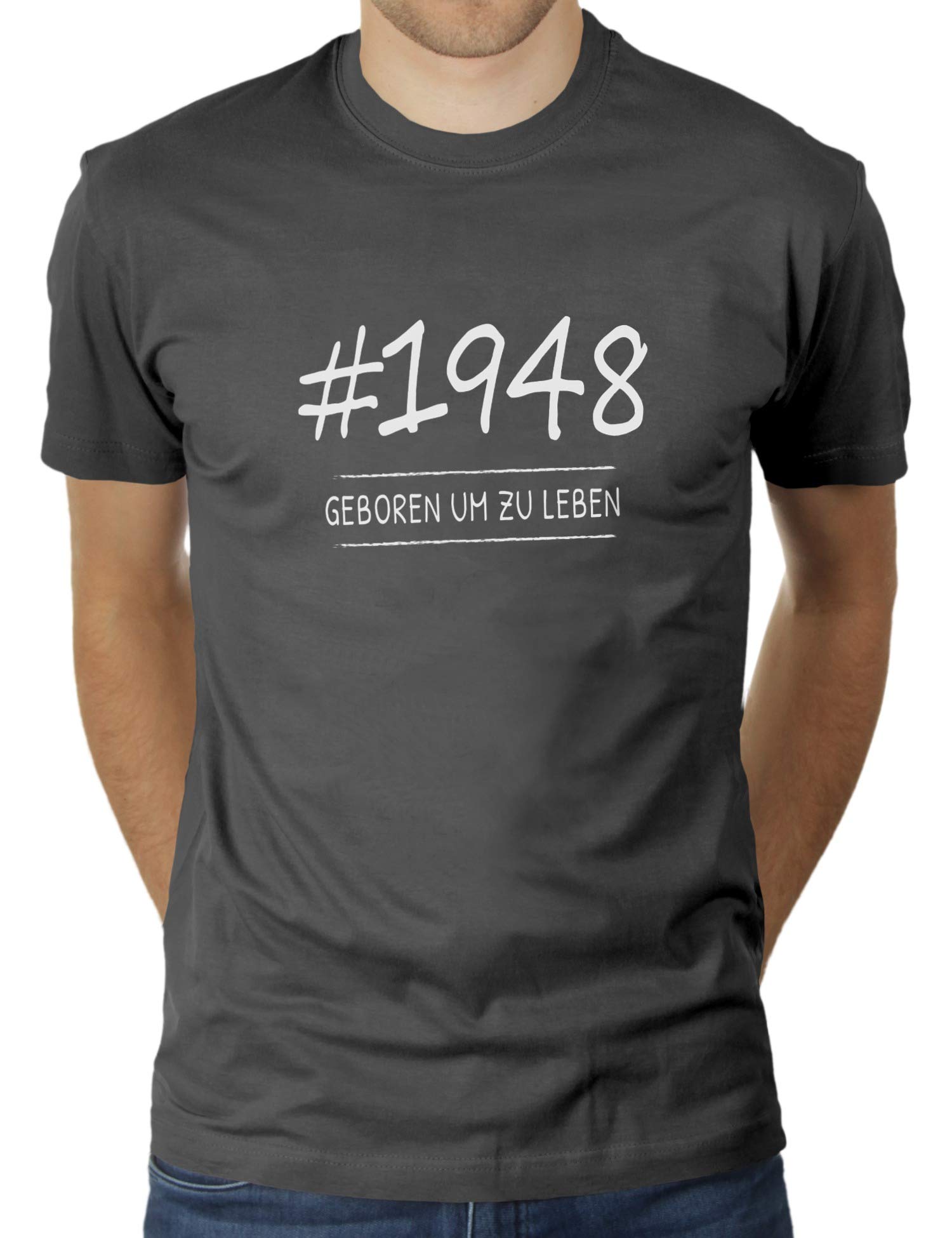 LikoliKaterLikoli Men's T-Shirt with German Text "Geboren 1948 um zu Leben" [Birthday Gift for in 1948]