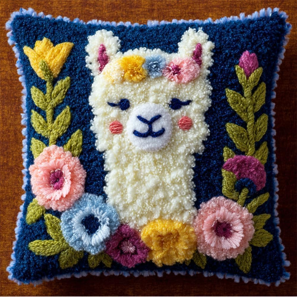 FWRTYCB Latch Hook Kits for Adults Alpacas and Flowers Latch Hook Pillow C