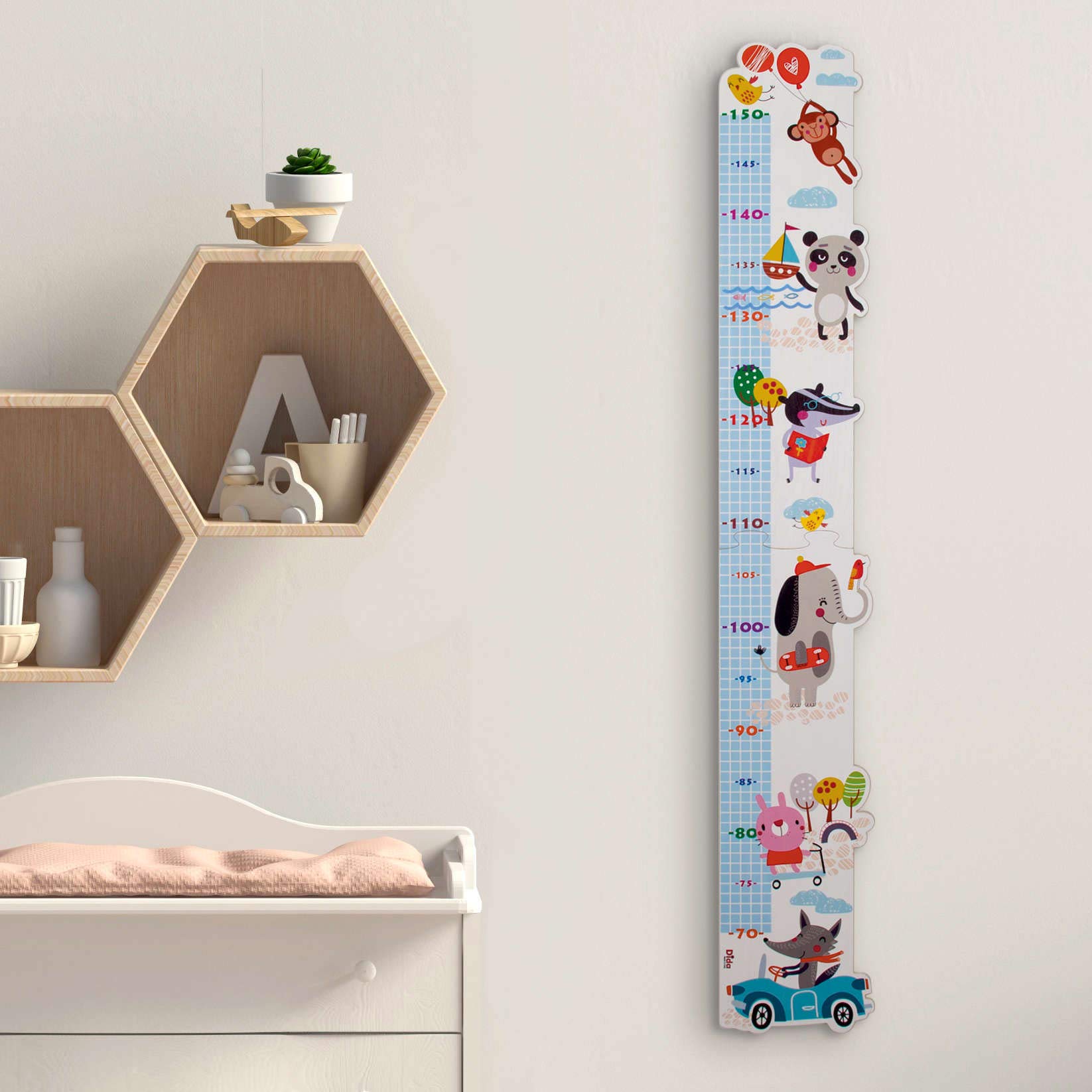 Dida Metro da Parete in Legno per Bambini con Allegri Animaletti, Grafico di Crescita fino a 150 cm, Misuratore Altezza