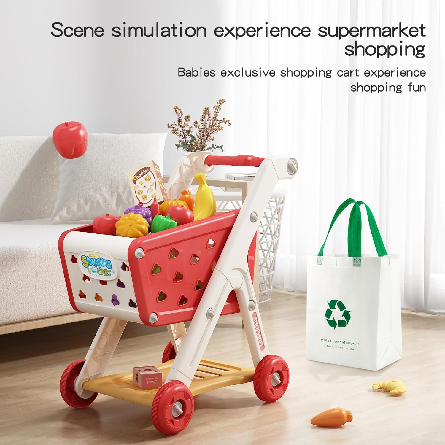 102pcs Kids Shopping Cart Trolley Play Set with Pretend Food and Accessories,Perfect for Ages 3+ Pretend Play and Role-Playing Games (Red)