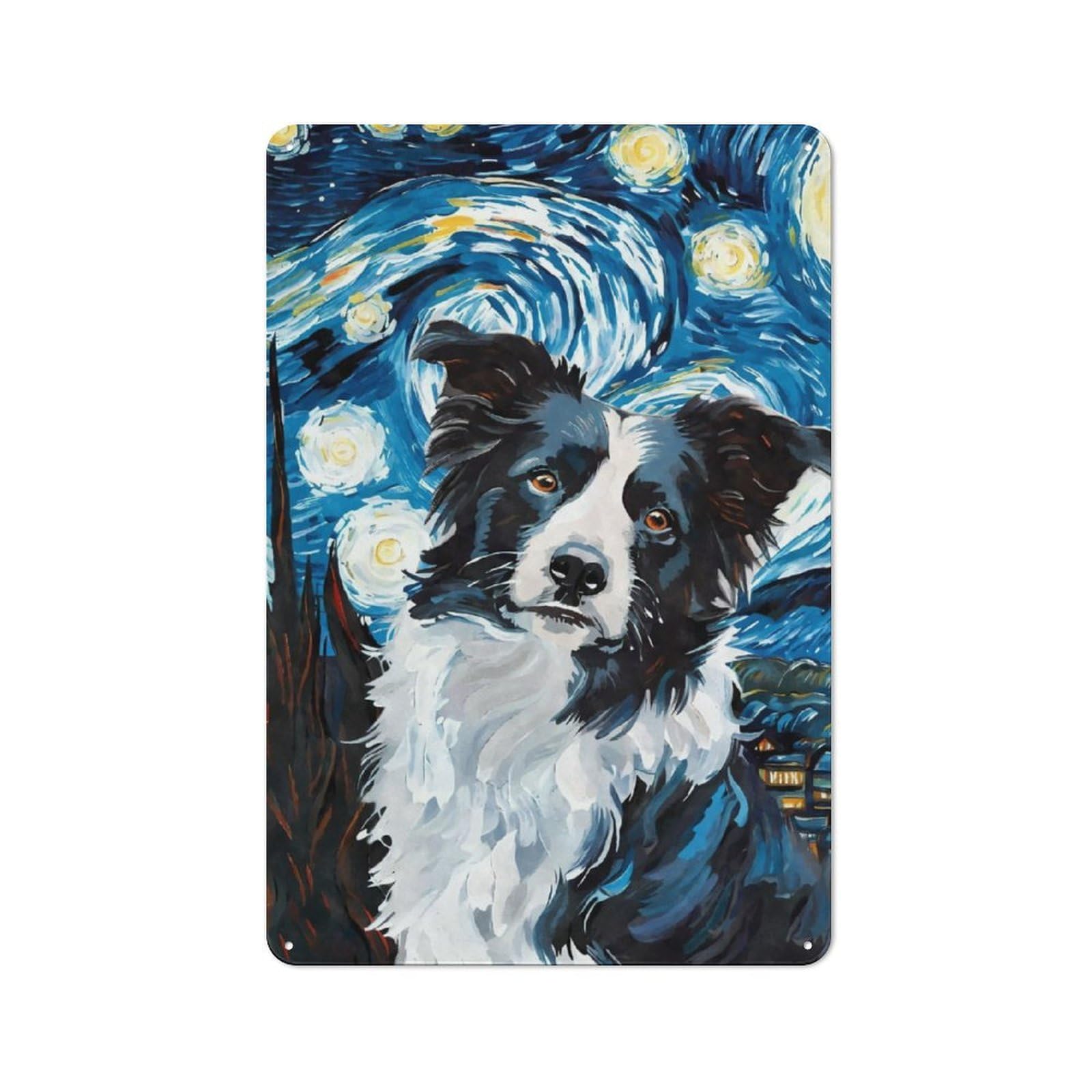 Junmoney Border Collie Starry Night Rustic Metal Sign 30X20cm For Hallway Wall, For Collectors Of Rustic Metal Wall Decor