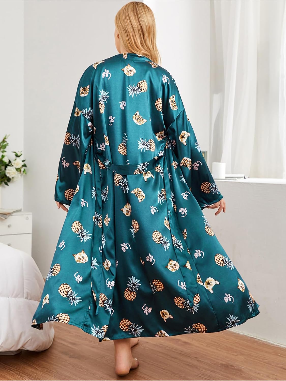 Women's Satin Kimono Robe, Summer Lightweight Silky Bathrobe, Plus Size Casual Robes Belted Lounge Wear Sleepwear