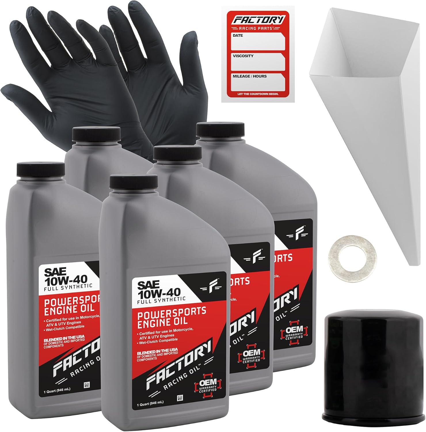 Oil Change Kit compatible with Kawasaki Vulcan, Vaquero– Includes 5 Quarts of SAE 10W-40 Full Synthetic Oil, 1 Filter, 1 Crush Washer, 1 Funnel, 1 Oil Change Reminder Sticker