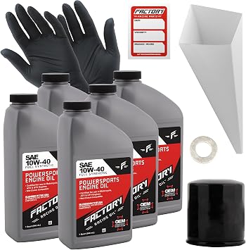 Factory Racing Parts Oil Change Kit compatible with Kawasaki Vulcan, Vaquero Includes 5 Quarts of SAE 10W-40 Full Synthetic Oil, 1 Filter, 1 Crush Washer, 1 Funnel, 1 Oil Change Reminder Sticker