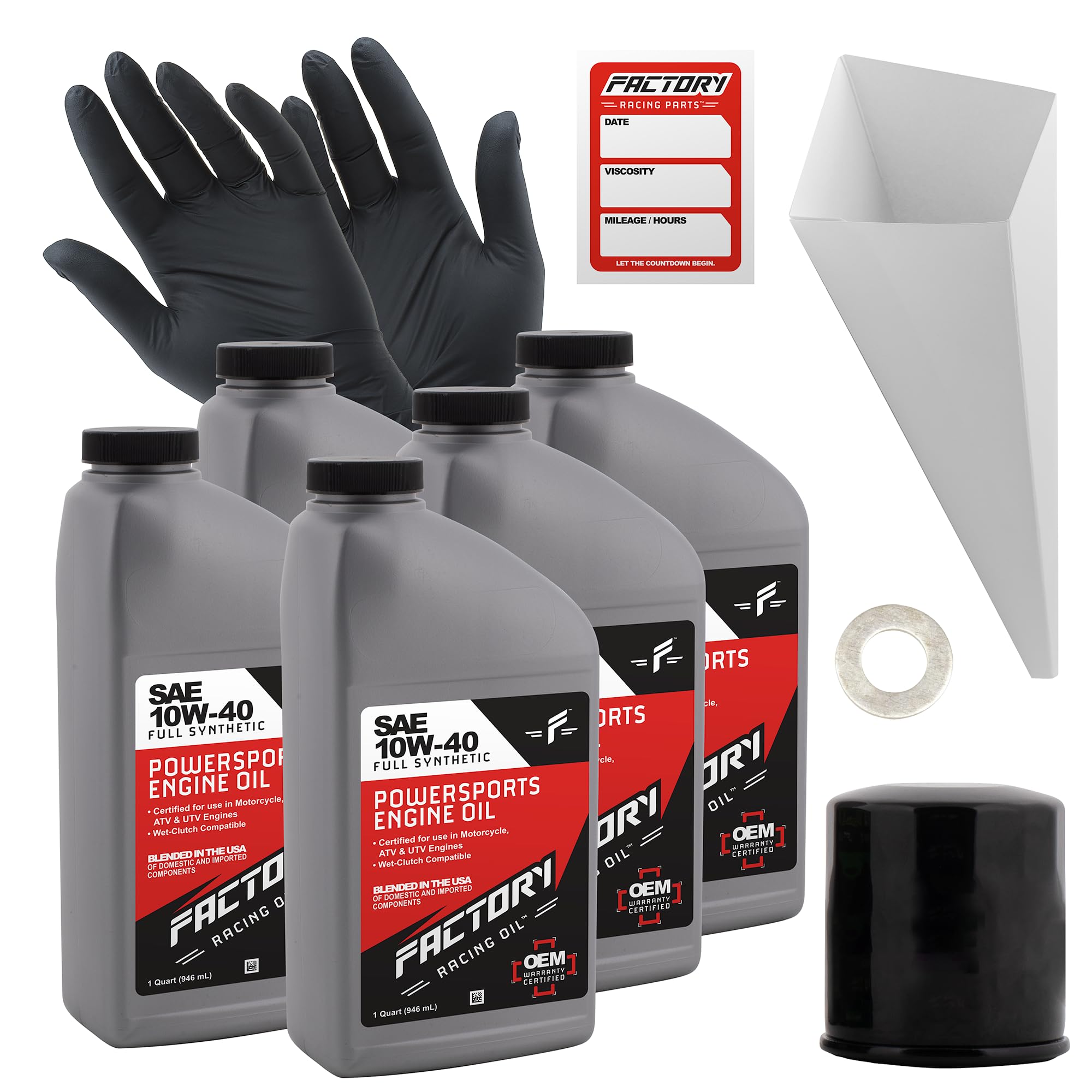 Factory Racing Parts Oil Change Kit compatible with Kawasaki Vulcan, Vaquero– Includes 5 Quarts of SAE 10W-40 Full Synthetic Oil, 1 Filter, 1 Crush Washer, 1 Funnel, 1 Oil Change Reminder Sticker