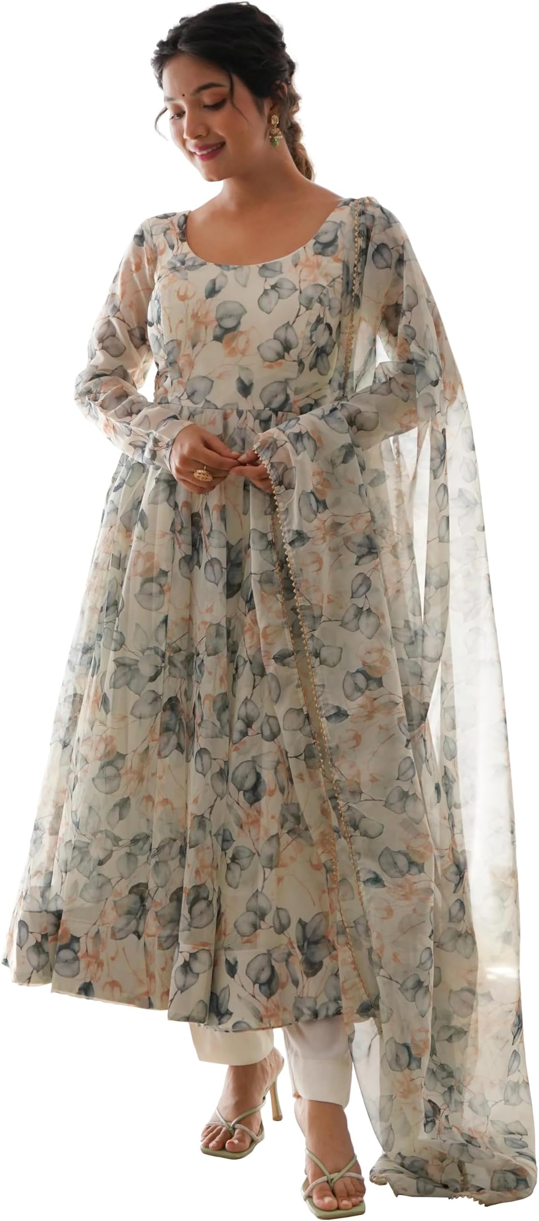 Georgette Anarkali Women's Floral Print Kurta with Trousers and Dupatta (Ankle Length Dress 114)