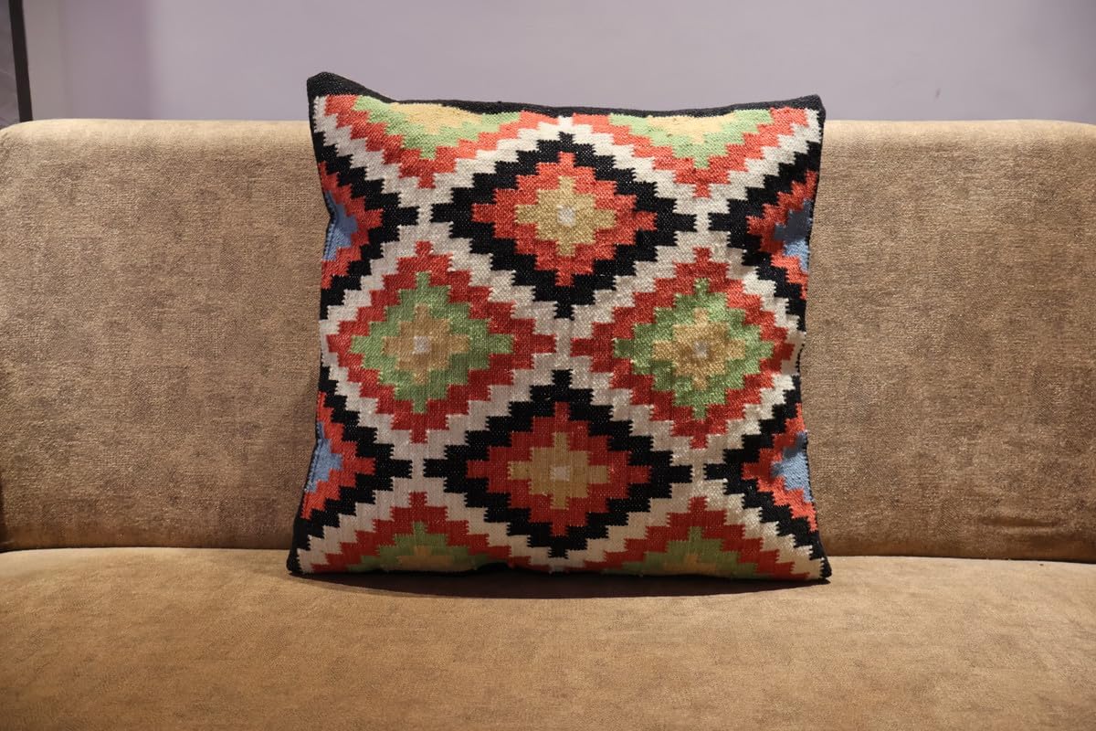 Handmade 100% Wool Kilim Pillow Cover – 18x18 Inches, Durable Indian Cushion Case, Premium New Zealand Wool for Home Decor (Green, Pack of 1)