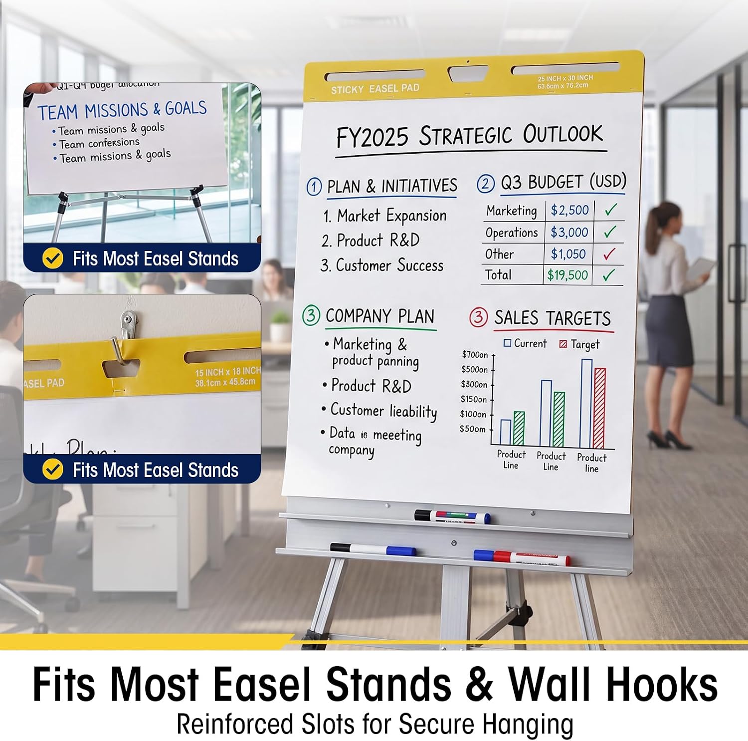 Affrolling 6 Packs Sticky Easel Pads Set, 2 Pack 25'' x 30'' 30 Sheets Per Pad, 4 Pack 15'' x 18'' 20 Sheets Per Pad White Self Stick Easel Chart Paper for Meeting, Training, Planning and Presentation