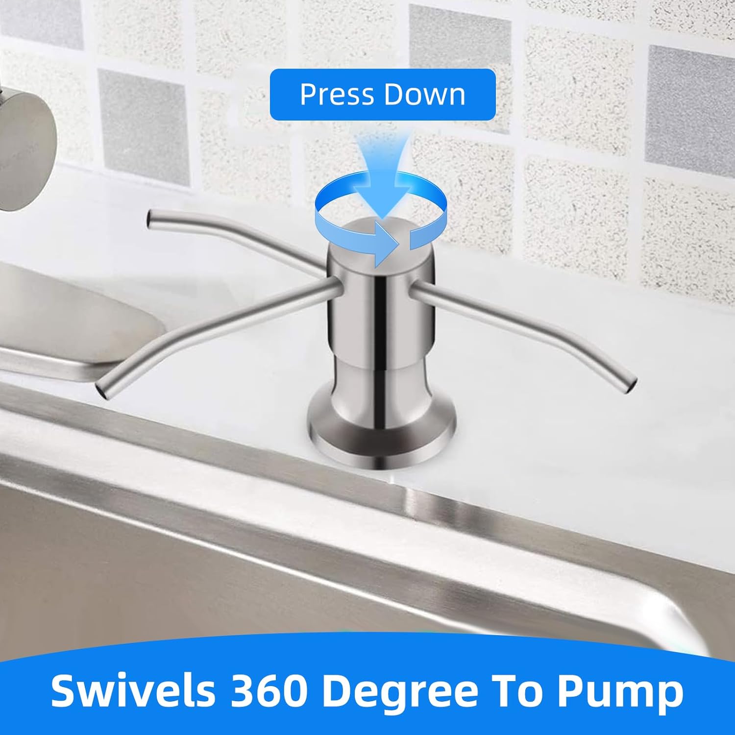 Soap Dispenser for Kitchen Sink, Brushed Nickel Countertop Dispenser with 39" Tube Kit, Use Large Bottles & No More Refills (Silver) - Image 2