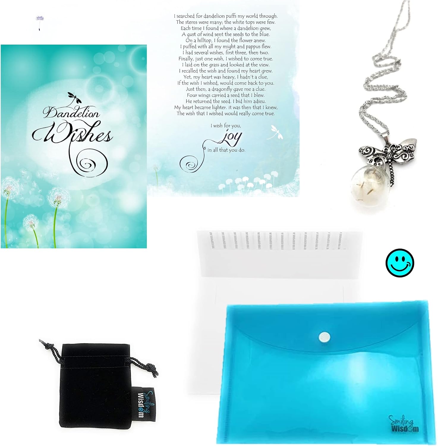 Smiling Wisdom - A Dandelion Wish of Joy Greeting Card and Real Seeds Necklace Gift for Women - Goodbye, Birthday, Retirement, Journey, Graduation - Dragonfly Dandelion Dangle