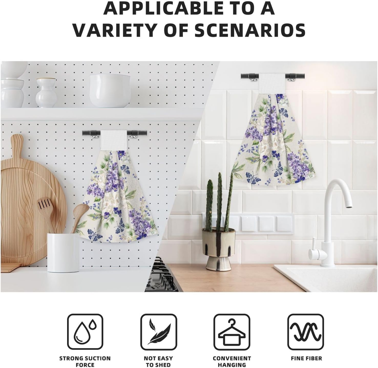Purple Lavender Flower Hand Towels Set of 2 Watercolor Floral Butterfly Hanging Dish Towels Spring Summer Kitchen Towel with Hanging Loop Fingertip Bath Tie Towel for Bathroom Restroom Home Decor image 4