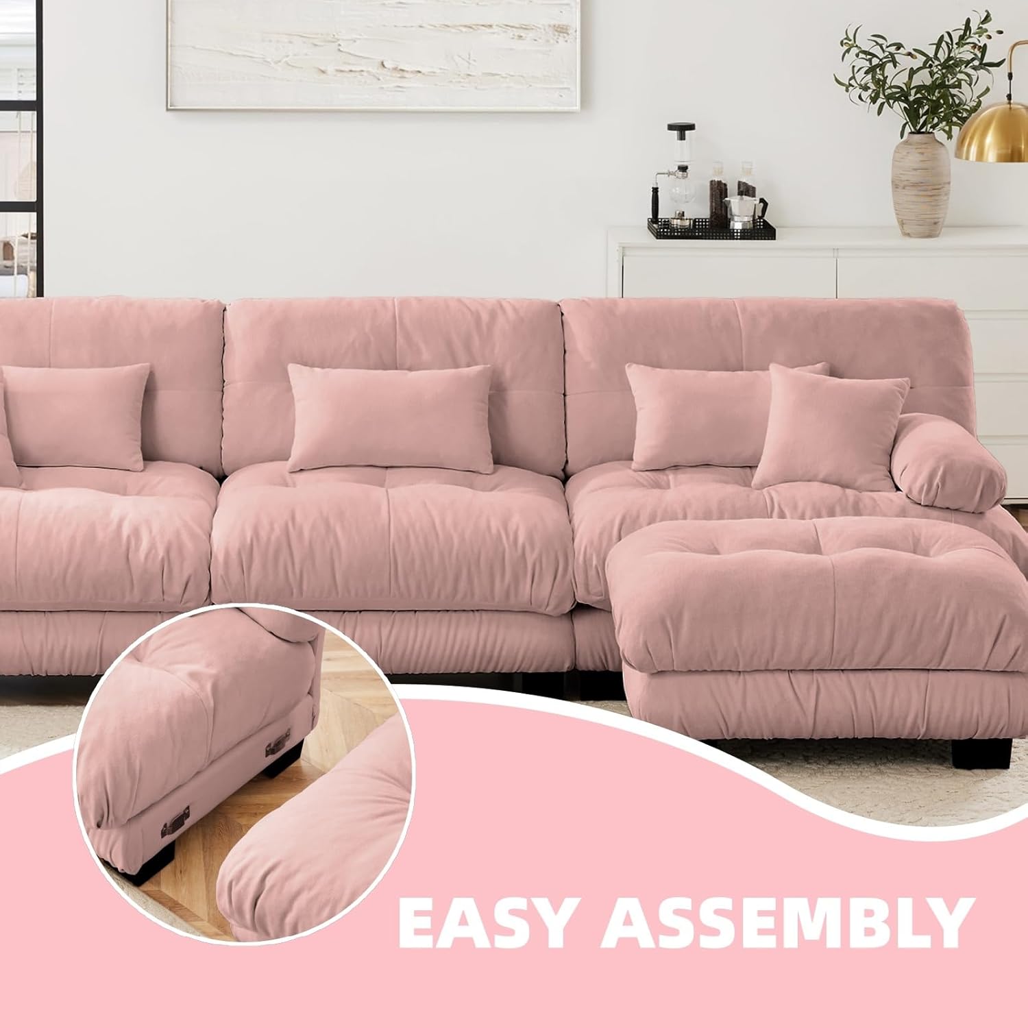 133.8" U-Shaped Cloud Couch, Oversized Modular Sectional Sofa, Deep Seat Cloud Boneless Couch, 3-Seat Modular Sectional Sofa with 2 Ottoman or Living Room,Bedroom and Apartment, Pink