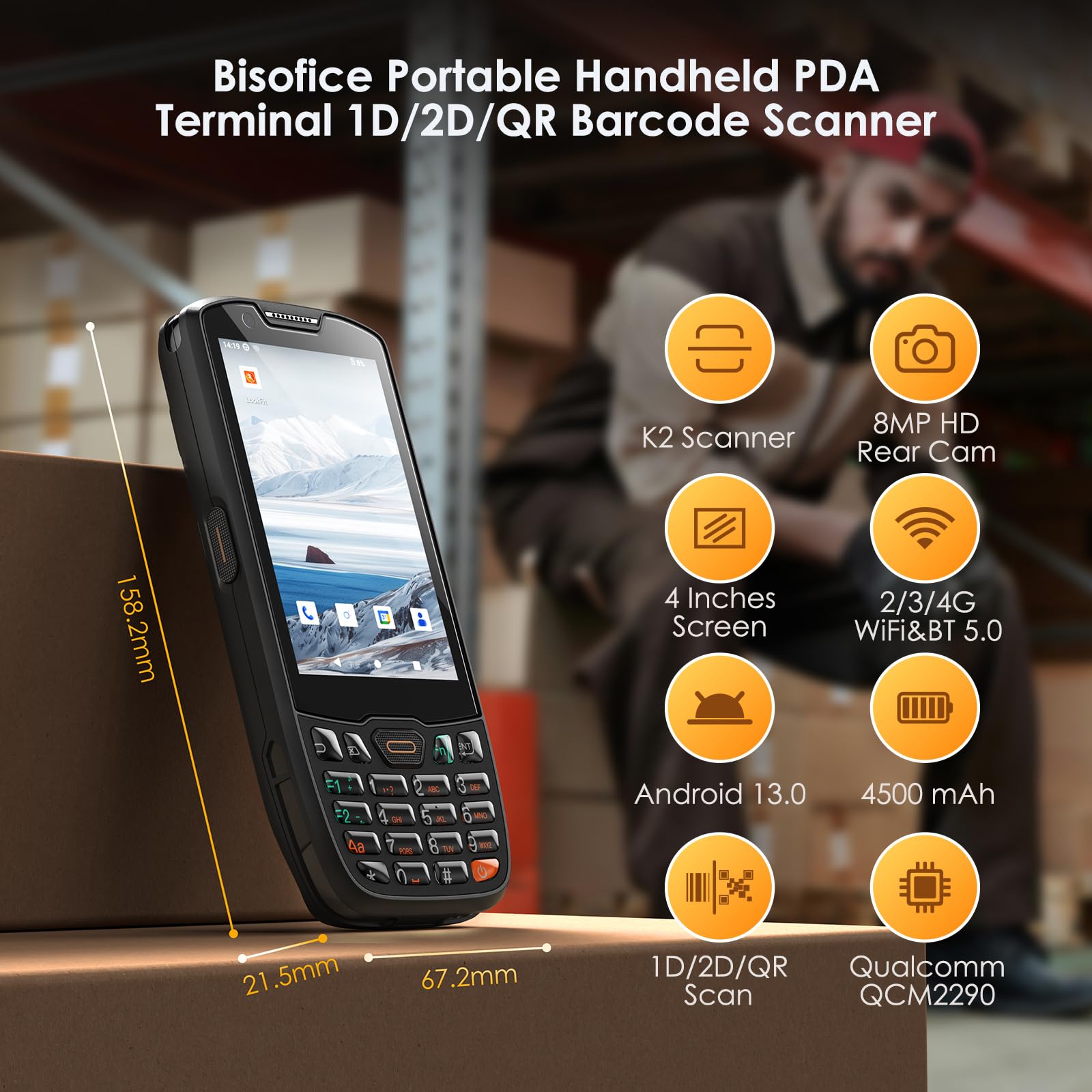 Bisofice K40 PDA Handheld Barcode, Handheld Terminal mit 1D 2D QR Code Scanner, Android 13, unterstützt 4G und Wi-Fi Bluetooth, mit GPS, für Einzelhandel und Lager