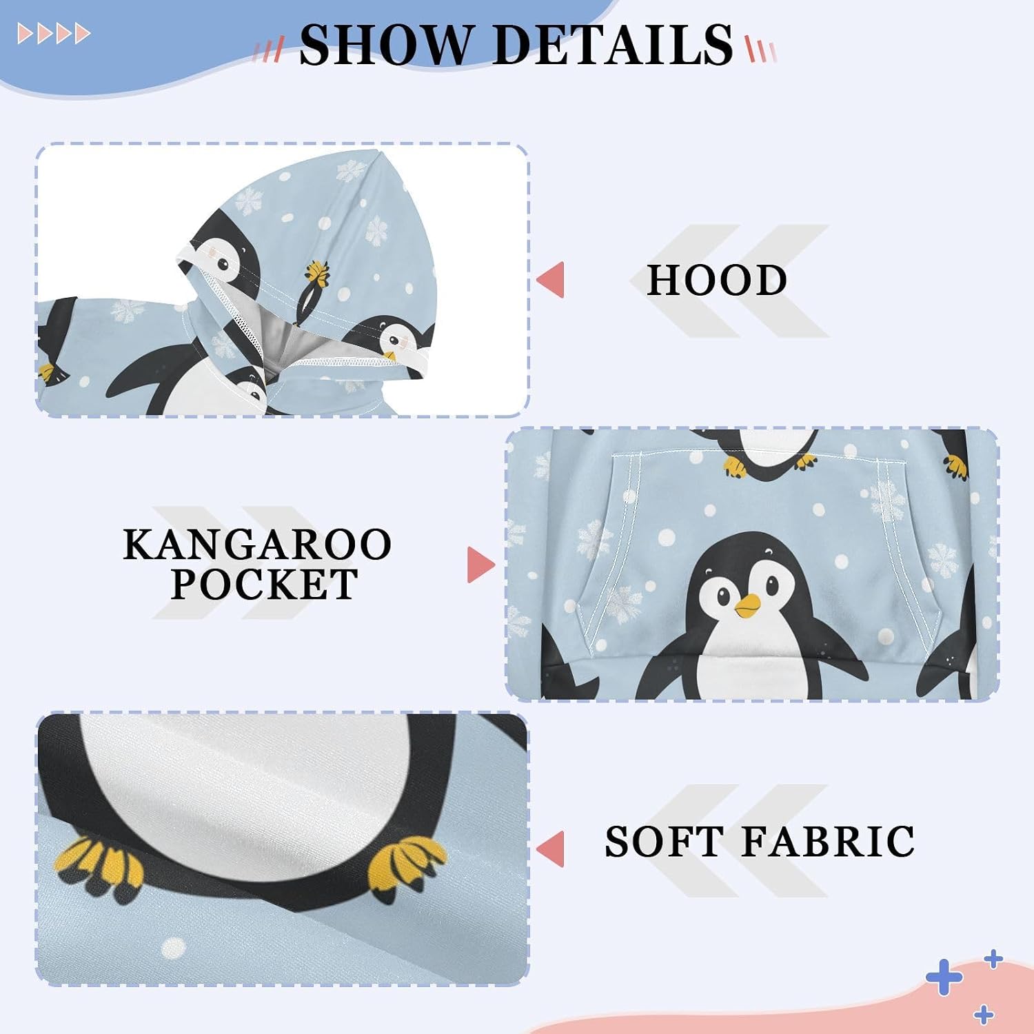 ZZXXB Lovely Penguins Snow Kids Sweatshirts Boys Girls Hooded Kangaroo Pocket Pullover Tops XS-XXL