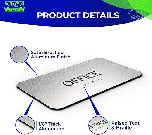 Miniatura 3 de ADASigns - Letrero de oficina de 7 x 4 pulgadas, aluminio cepillado duradero con braille de grado 2, fácil instalación con cinta adhesiva fuerte de