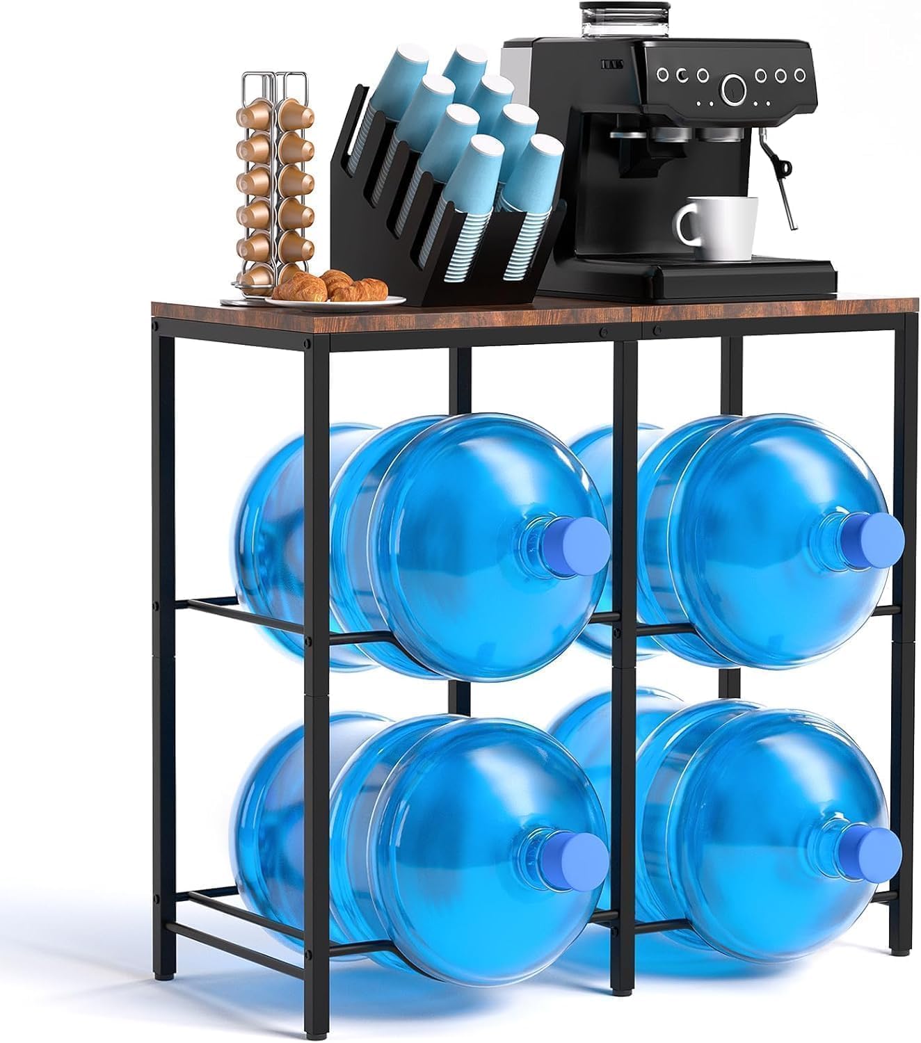 Klvied 5 Gallon Water Bottle Rack with Wooden Top, Heavy Duty 4 Bottle Water Jug Storage Rack, Vertical Water Bottle Holder Stand for Office, Break Room, Kitchen