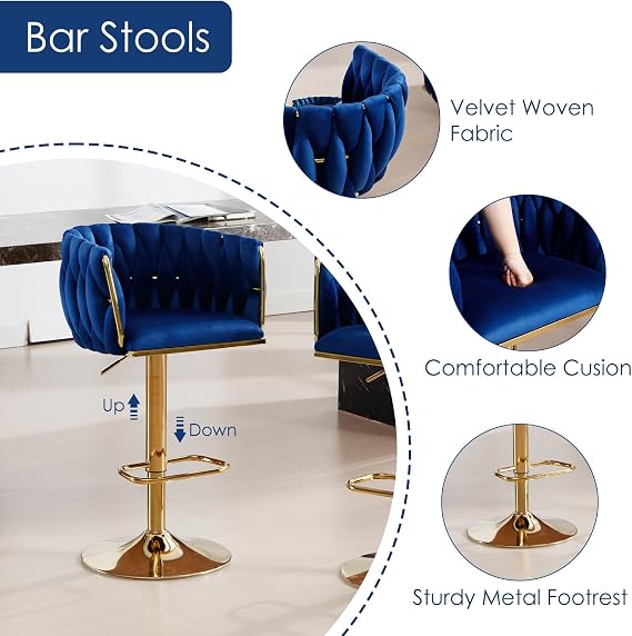 Velvet Luxury Barstools Set of 2,Swivel Adjustable Bar Height Stools with Weave Backs/Golden Base, Upholstered Modern Counter Stools for Kitchen Island,Pub,Dining,Cafe,Restaurants, Dark Blue