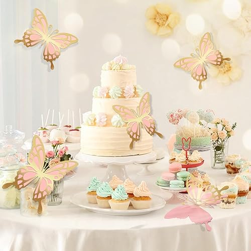 Miniatura 6 de Yordearly Paquete de 12 decoraciones de fiesta de mariposa grande, 2 capas de decoración de mariposa grande dorada y rosa, papel 3D, decoración de