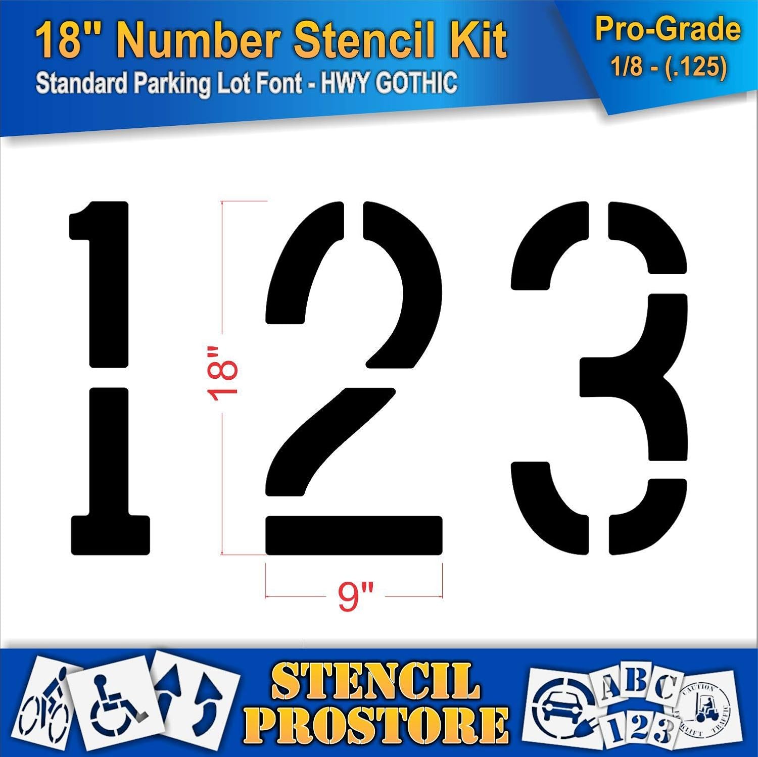 Pavement Stencils - 18 inch Number KIT Stencil Set - (12 Piece) - 18" x 9" x 1/8" (128 mil) - Pro-Grade