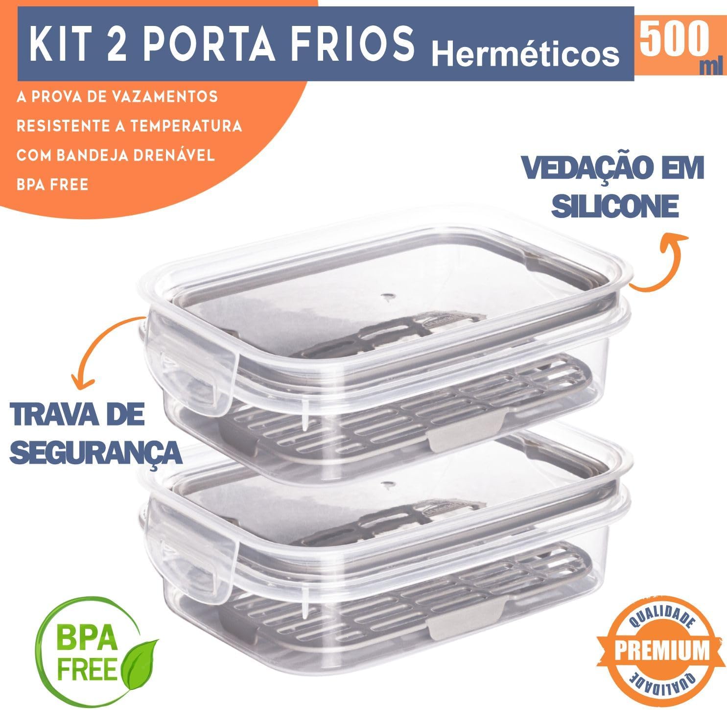 Kit 2 Porta Frios Com Escorredor Plastil 500 ml Pote Hermético Com 2 Travas De Segurança Para Transporte De Alimentos Perfeito Para Frios E Petiscos E Com Anel de Vedação Material BPA Free Kit 2 Porta Frios Com Escorredor Plastil 500 ml Pote Hermético Com 2 Travas De Segurança Para Transporte De Alimentos Perfeito Para Frios E Petiscos E Com Anel de Vedação Material BPA Free