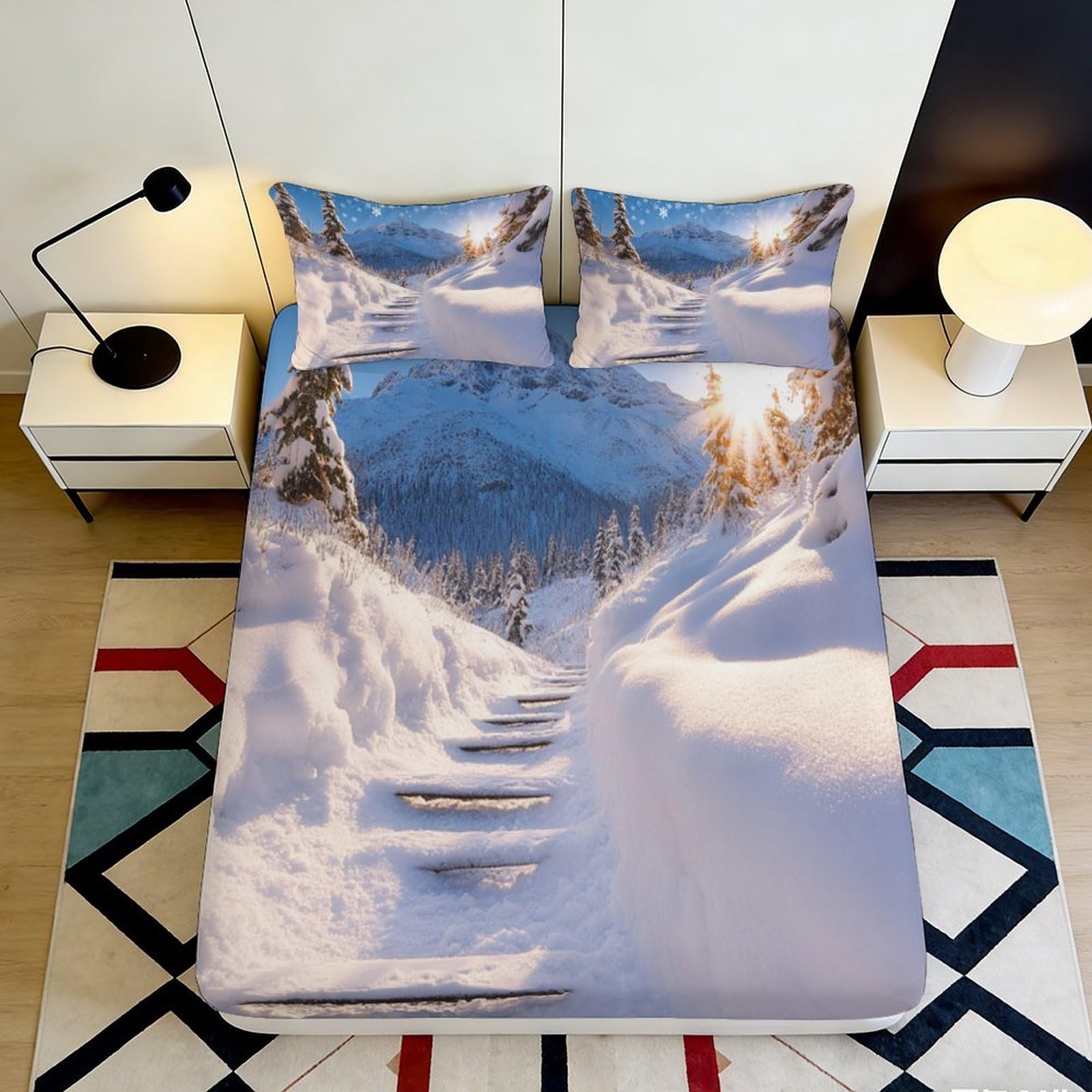 3D Printed Snow Mountain Sunrise Fitted Sheet Microfiber Anti-Slip Stain Resistant Winter Path Mattress Cover Bedroom 160x200x25cm