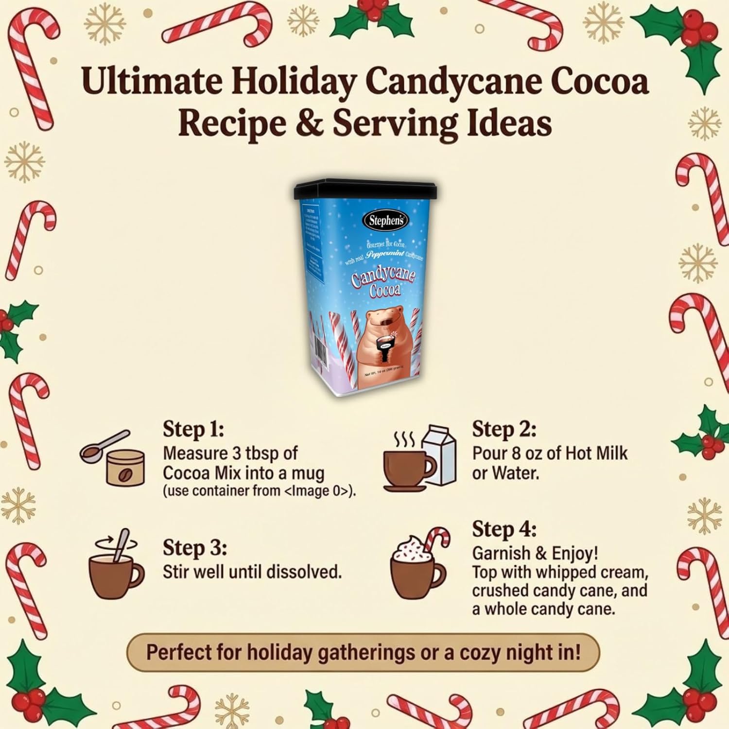 Stephen’s Gourmet Candy Cane Hot Cocoa Mix, Milk Chocolate with Real Peppermint Candy Cane Pieces, Rich & Creamy Holiday Cocoa, 14 oz. Canister (Pack of 6)