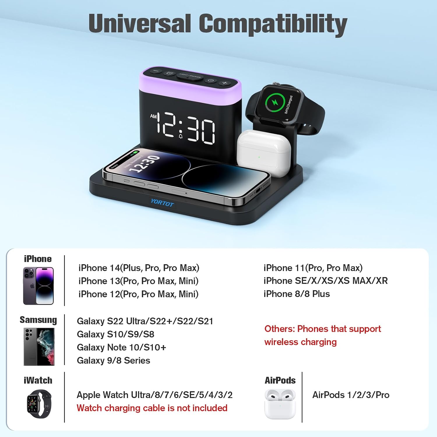 Wireless Charging Station, 5 in 1 Wireless Charger Stand with Alarm Clock, 7 Night Lights, Charging Dock for iPhone 14/13/12/11/Pro/Max/XR/XS/X/Samsung Phone, Apple Watch 8/7/6/5/SE, AirPods Pro/3/2/1