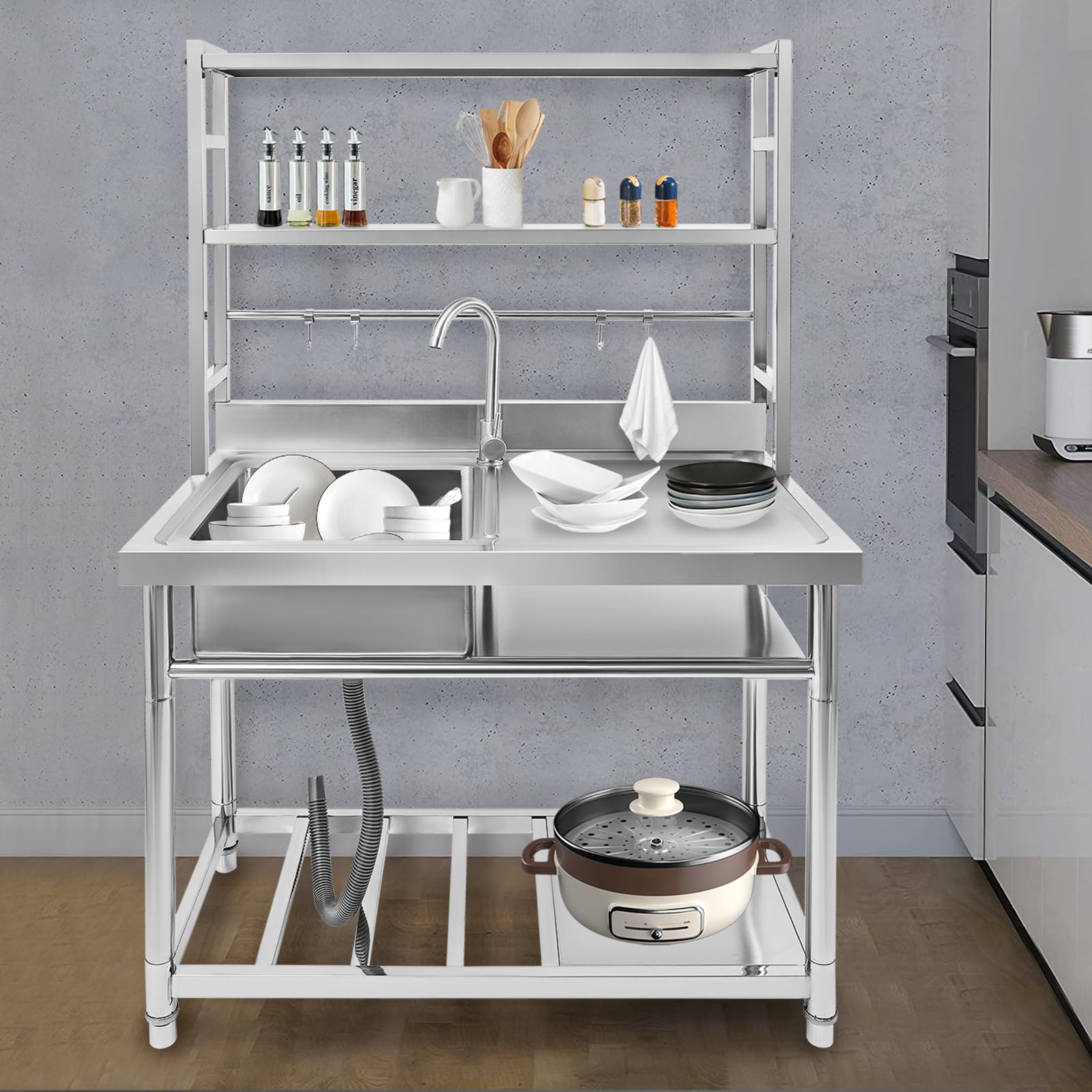 Évier de cuisine sur pied en acier inoxydable avec robinet et 4 crochets, 1 bac, pour cuisine, jardin, extérieur, atelier, buanderie (gauche)