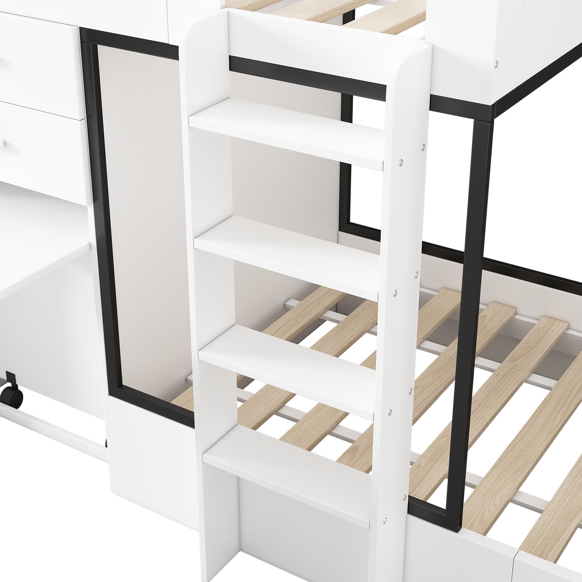 Moimhear Letto a castello con scrivania allungabile e armadio, letto a castello per bambini, con cassetto, ripiani e scale, senza materasso, 90 x 200 cm, bianco