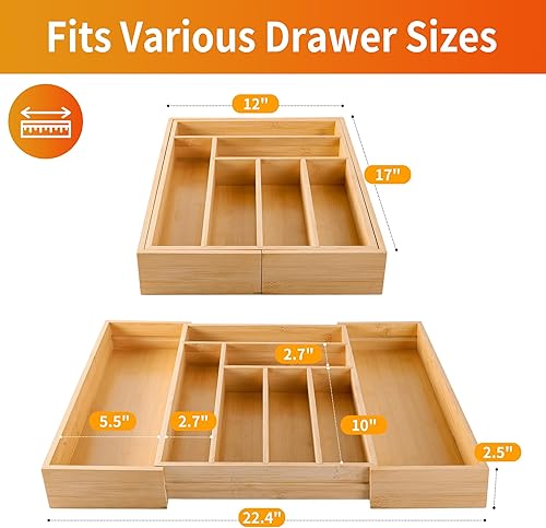 Miniatura 2 de Bamboo Expandable Drawer Organizer for Utensils Holder, Wood Drawer Dividers for Silverware, Flatware, Knives in Kitchen, Bedroom, Living Room