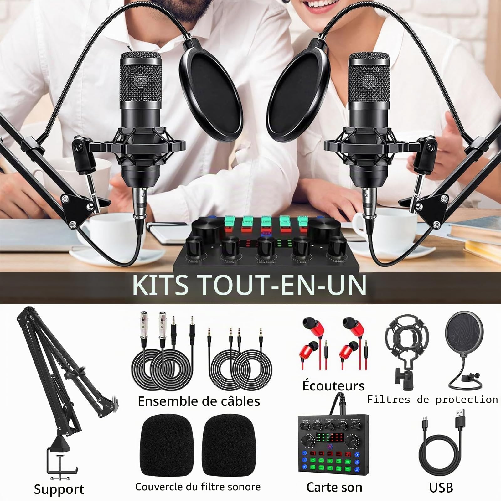 BM800 Kit complet de podcast pour 2, microphone de studio avec directivité cardioïde, interface audio et mixeur DJ, idéal pour diffusion en direct, chant, TikTok et YouTube