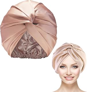 Voccos Silk Hair Wrap for Sleeping, Mulberry Silk Bonnet Double-Sided Sleep Cap Sleep Turban Stain Hair Bonnet for Curly Hair Women Silk Sleep Cap with Elastic Bow Stay On Head (Champagne)
