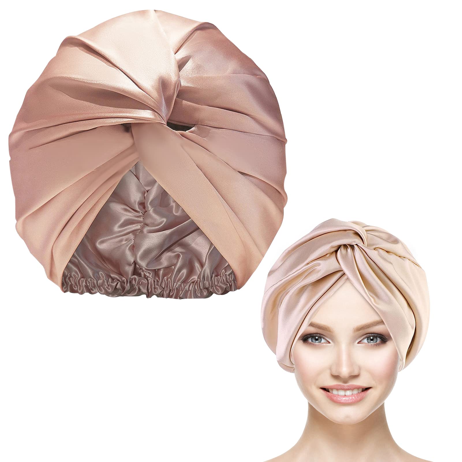 Silk Hair Wrap for Sleeping, Mulberry Silk Bonnet Double-Sided Sleep Cap Sleep Turban Hair Bonnet for Curly Hair Women Silk Sleep Cap with Elastic Bow Stay On Head Champagne