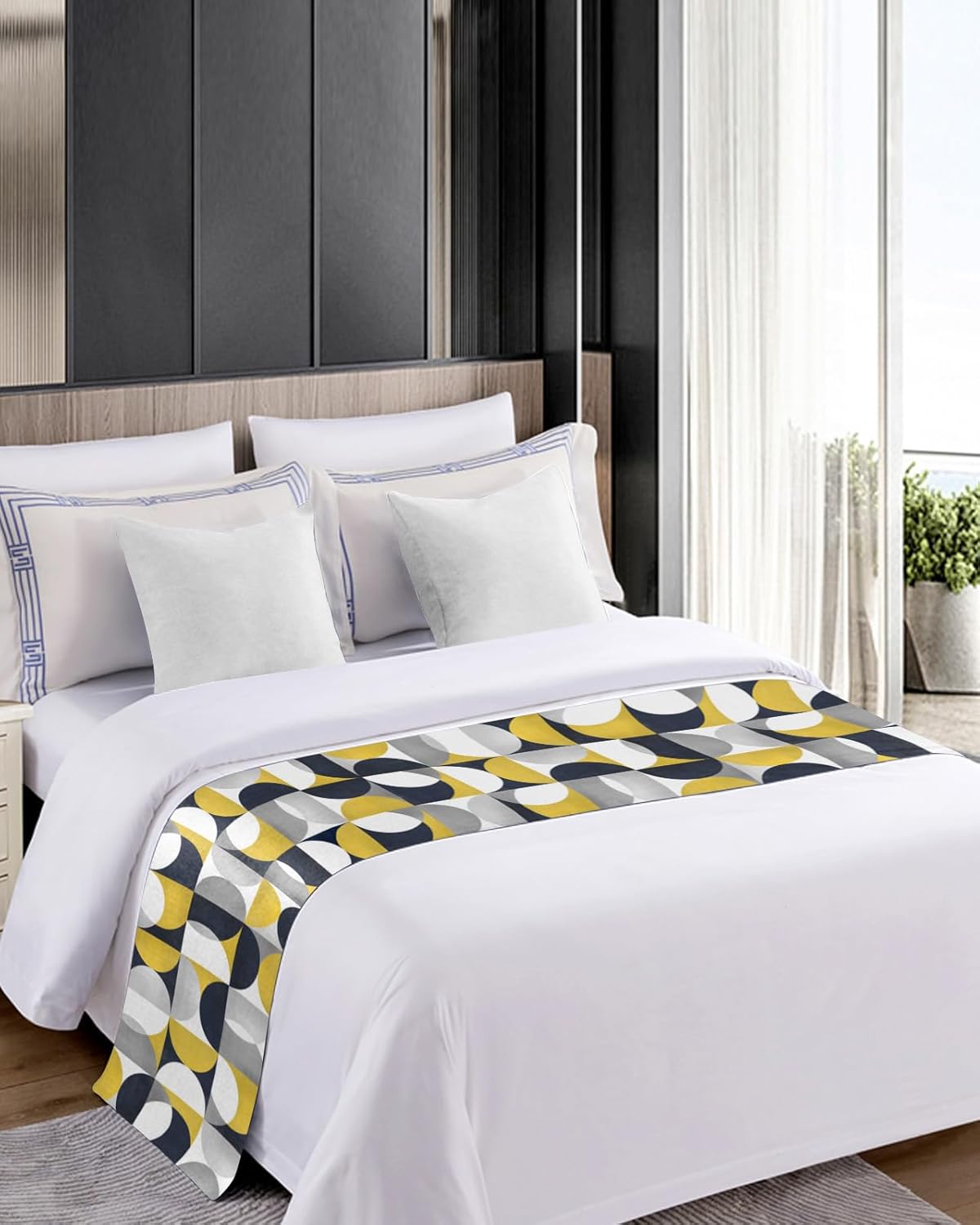 Teamery Bed Runners & Scarves, Retro Medieval Geometric Pattern Yellow and Black Bed Runner, Bed Scarf Protector Decorative Accent Bedding Scarf for Hotels Homes and Guestrooms, 102 x 20 inches