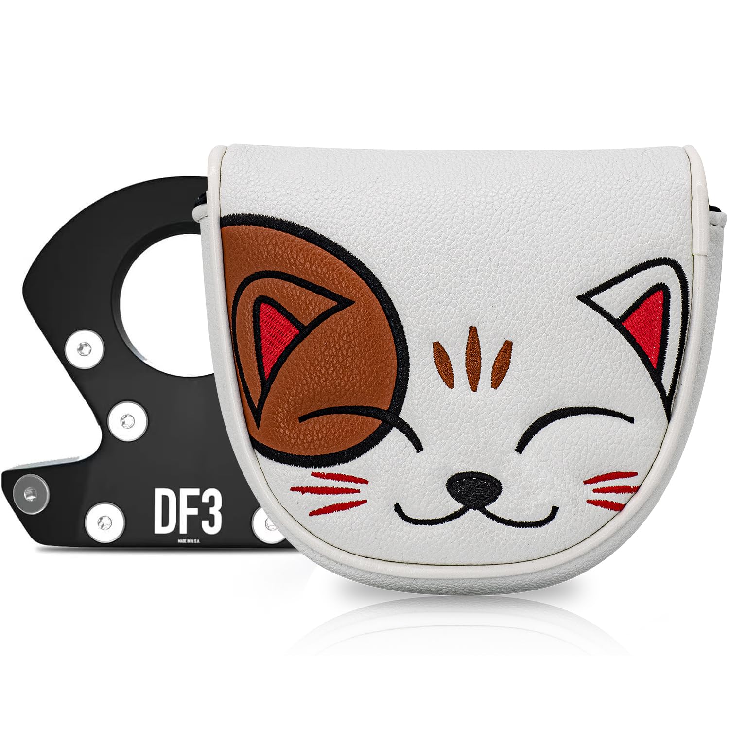 White Mallet Putter Cover, Magnetic Closure Leather Head Cover With Lucky Cat Pattern, DF3 Half Round Golf Accessories For Men Women, Nice Golf Gift — image 1