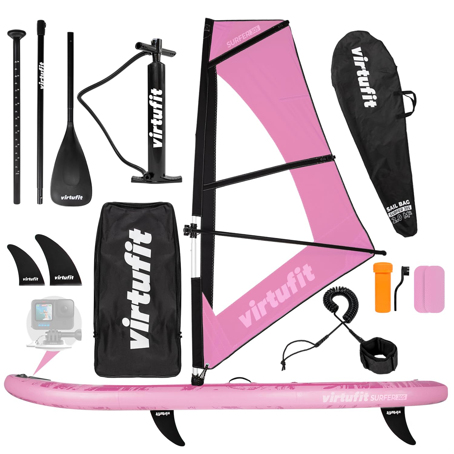 VirtuFit SUP Board Surfer 305 gonfiabile con vela da windsurf – Stand Up Paddle Board Rosai nkl. Accessori – Paddle – Pompa – Borsa per il trasporto – Supporto GoPro – Principiante – Avanzato – 305 x