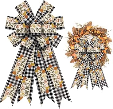 ALIBBON Large Fall Bows for Wreaths, Thanksgiving Wreath Bows, Black White Buffalo Plaid Bows, Words Bows for Front Door, Fall Thanksgiving Decor, Burlap Bows for Wreath Indoor Outdoor Decorations