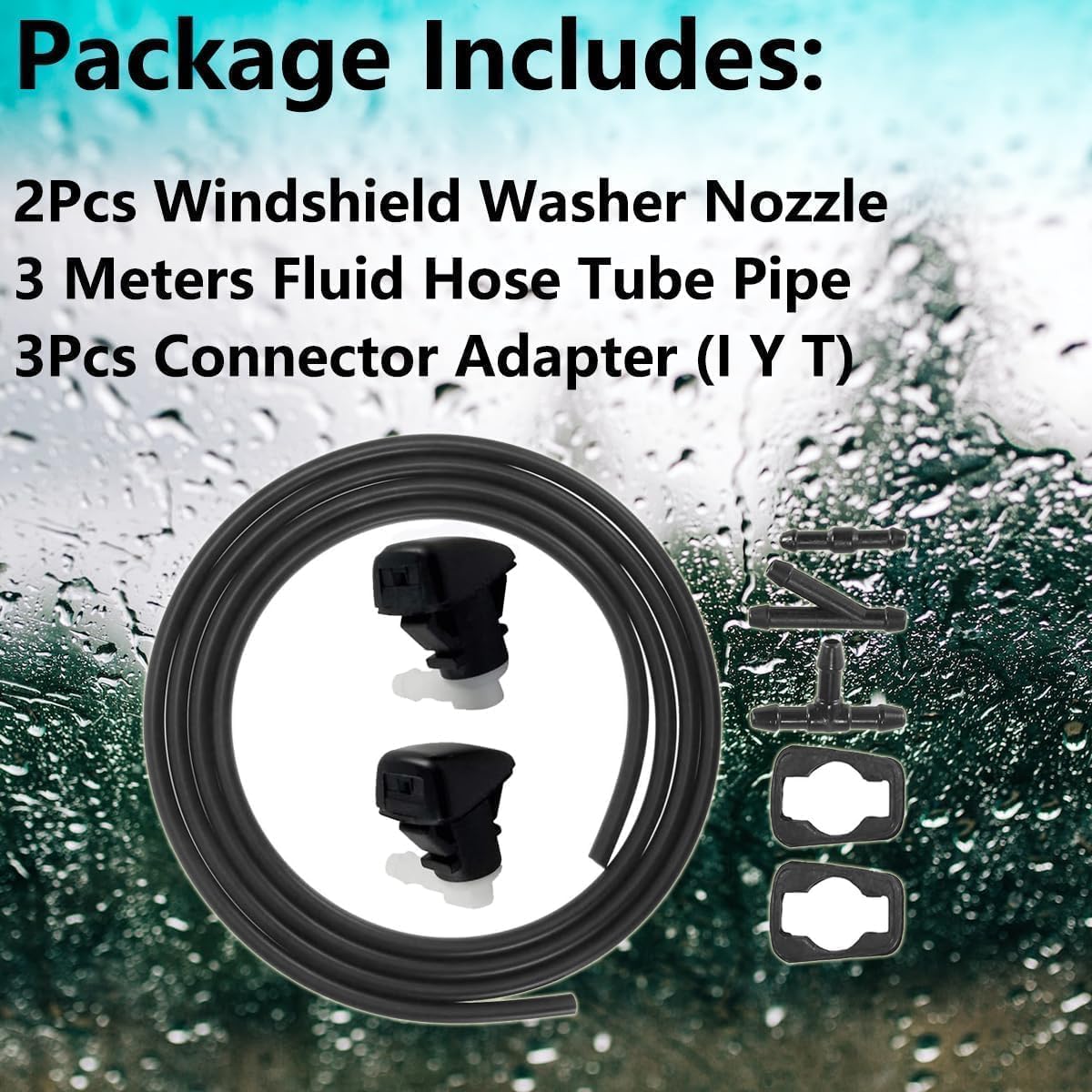 Cheriezing 68081370AB Windshield Washer Nozzles Wiper Spray Kit Compatible with 2013-2016 Dart - with 3 Meters Fluid Hose Tube Pipe and 3pcs Connector Adapter (I Y T)