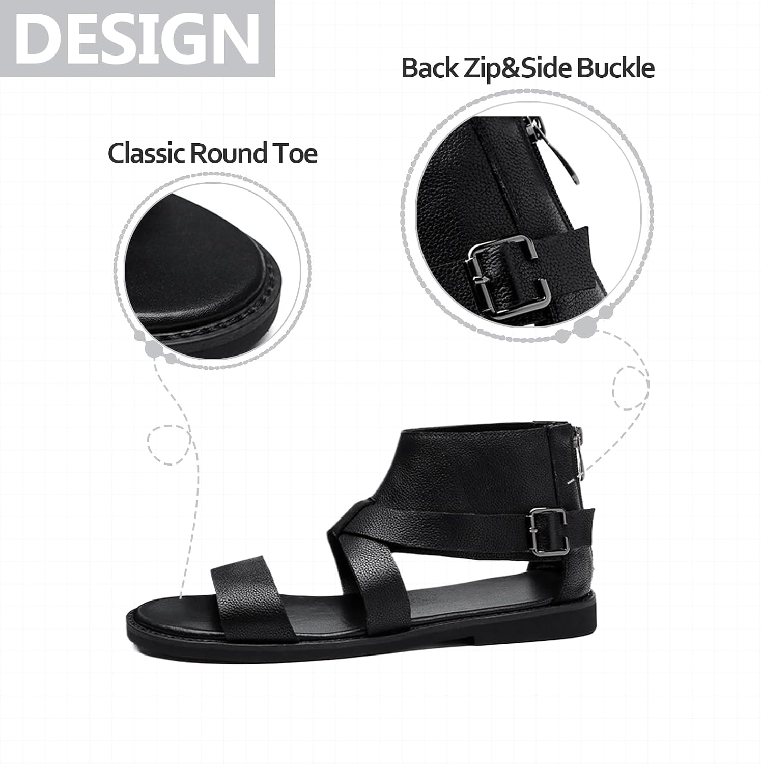 Mens Leather Gladiator Flat Sandals Comfortable Adjustable Ankle Strap Buckle Easy On-Off Back Zip Non-Slip Roman Mid Top Greek Beach Sandals For Outdoor Walking